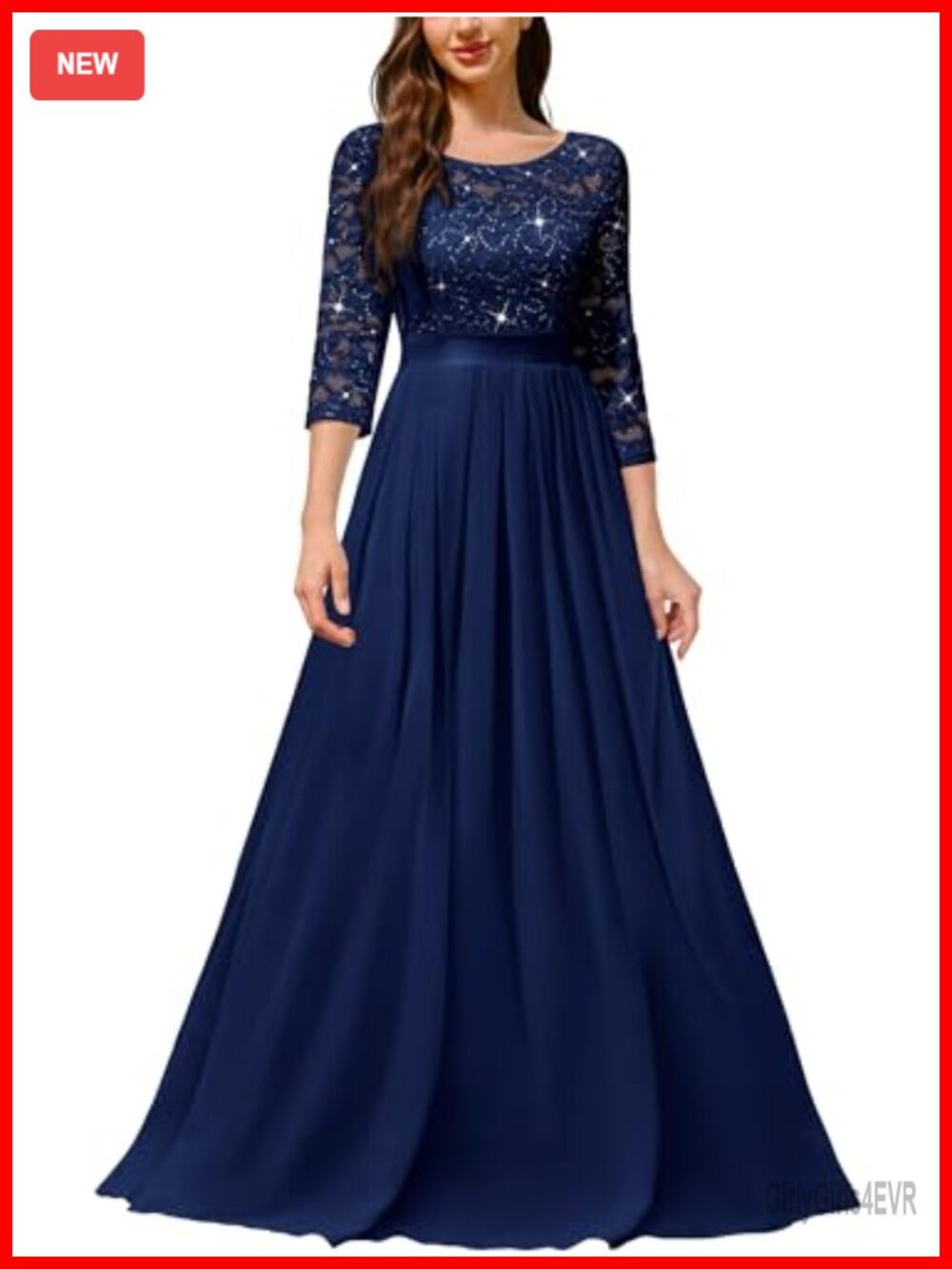 Sequin Floral Lace Formal Party Maxi Dress Scoop Neck 3/4 Sleeve A-Line
